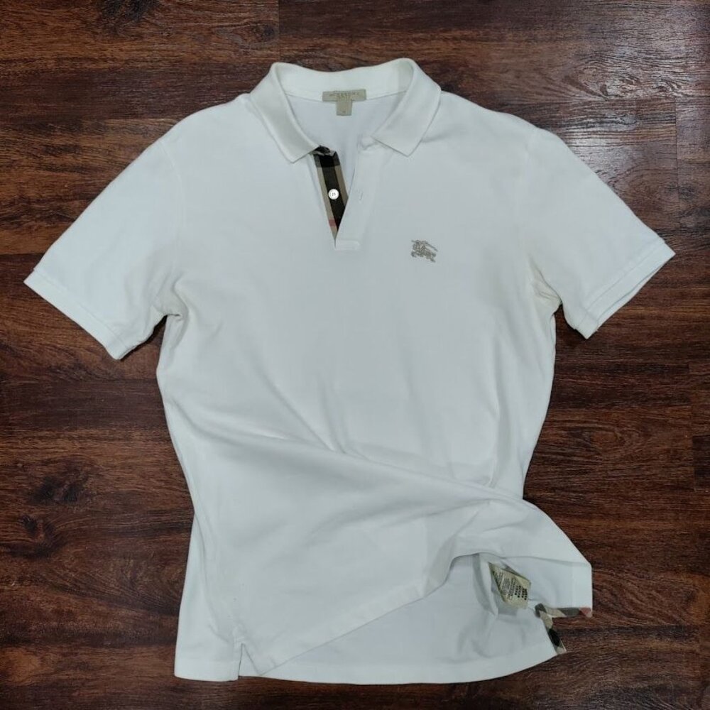Burberry Brit White Embroidered Logo Plaid Details Placket Polo Shirt Men's M - Picture 2 of 16